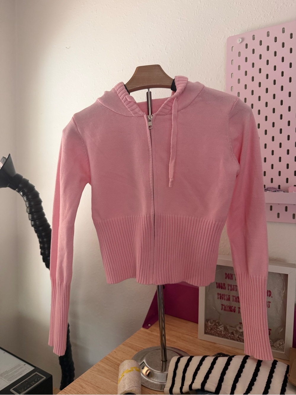Pink Zip-Up Hooded Knit Top